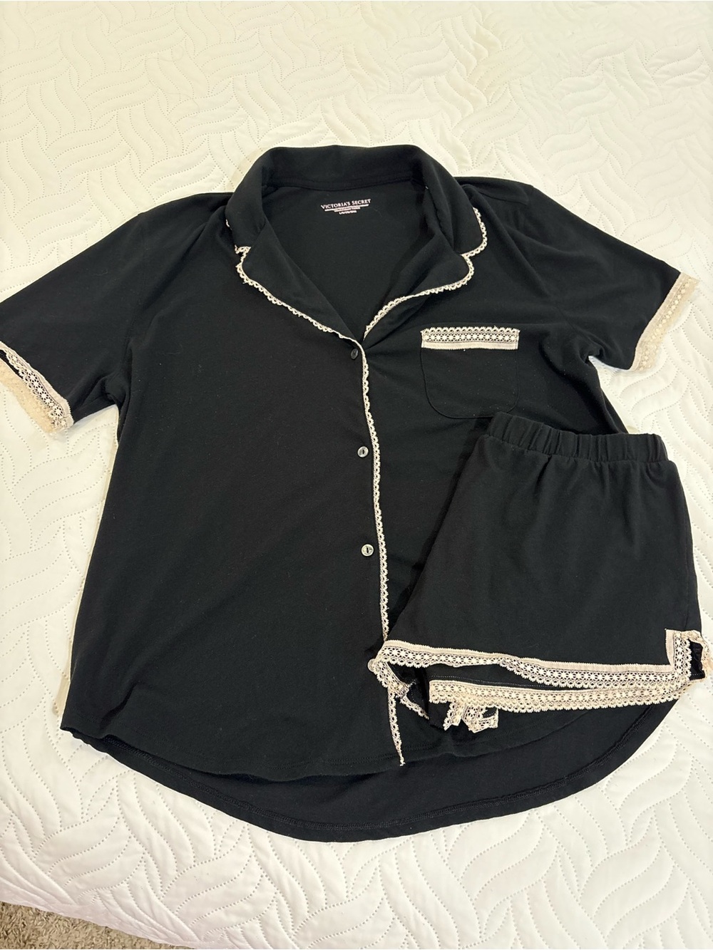 Victoria's Secret Black Short Pajama Set with Cream Lace Trim